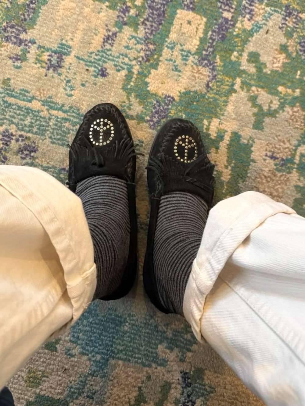 Black Suede Moccasin Loafers with Stud Peace Design